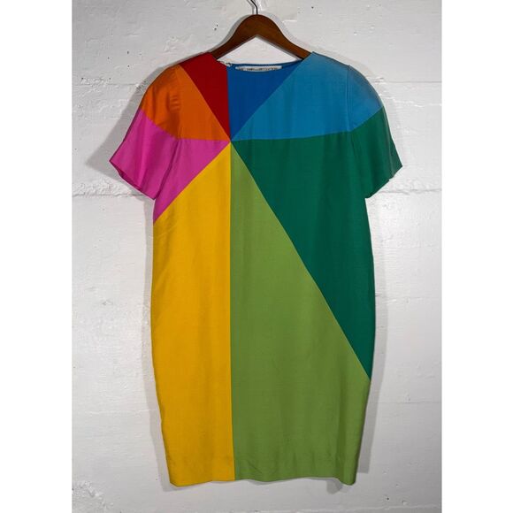 Vintage 80s Silk Colorblock Art Fashion Shift Dress Geometric Rainbow Size 8 - Picture 2 of 12